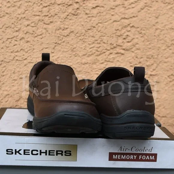 Men Leather Slip-On shoes Skechers relaxed fit Brown , - Picture 4 of 8